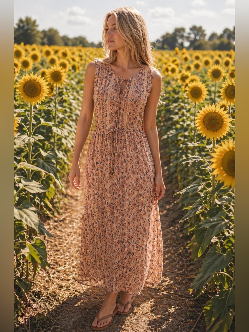 Xhilaration Sheer Peach Sunflower Floral Lace-Trim Tie-Waist Maxi Dress Size M